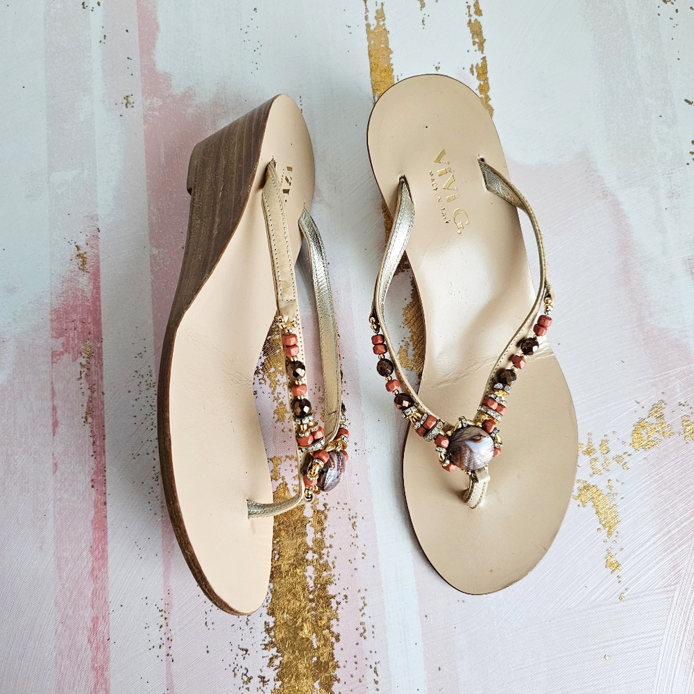 Vivi G Made in Italy Beaded Wedge Sandals Size 38 Leather Rhinestone Thong